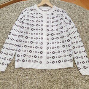 Cream Fair Isle Snowflake Knit Button Cardigan Cozy Top